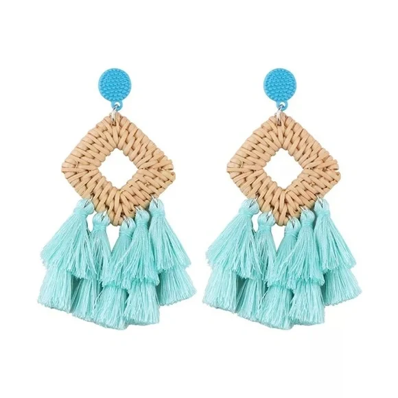 New Wooden Rattan Geometric Tassel Earrings - Picture 5 of 8